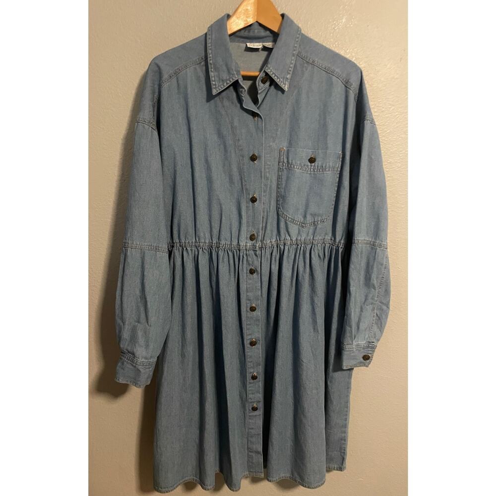 Vintage Styleworks Shirt Dress Womens 14 Blue Denim Button Up Gathered Waist 90s